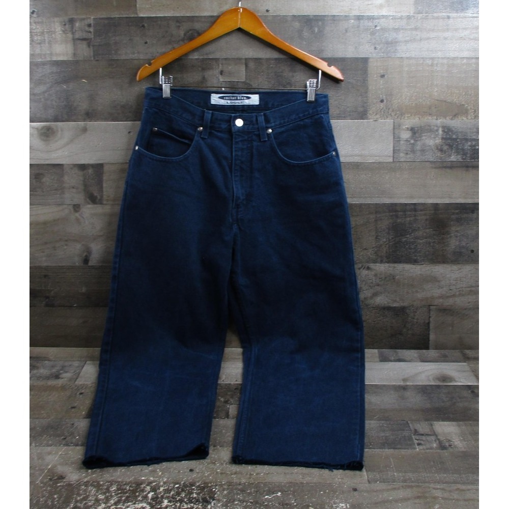 Anchor Blue Jeans Mens 33x30 Dark Blue Loose Fit Baggy Denim Raw Hem Wide Leg